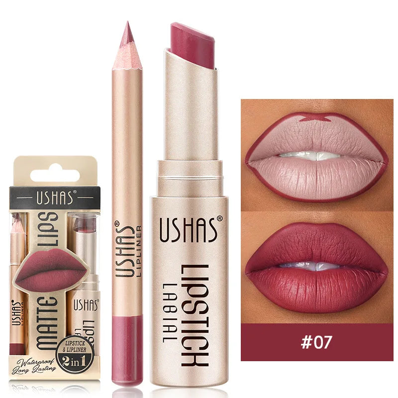 Batom Matte 2 em 1&lConjunto de Lápis Labial IP Liner com 12 Cores, Alta Pigmentação, À Prova D'Água e de Longa Duração - Maquiagem para os Lábios