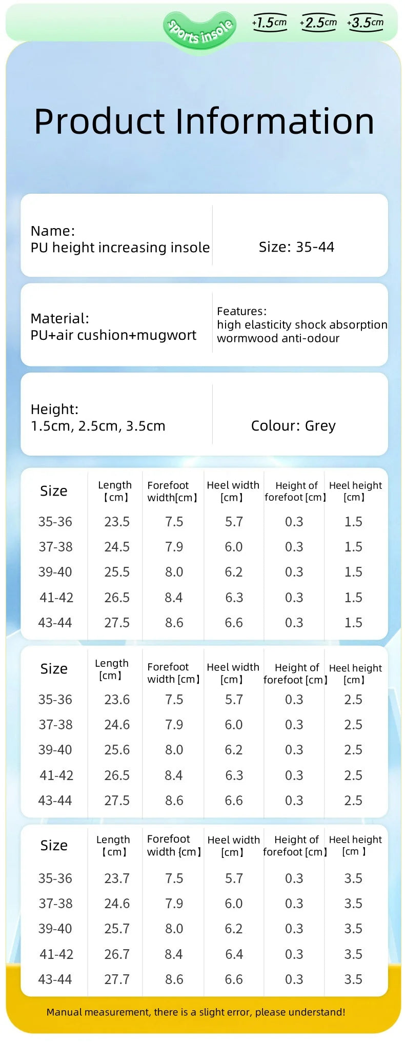 Air Cushion Insoles for Height, Shock Absorption & Odor Control