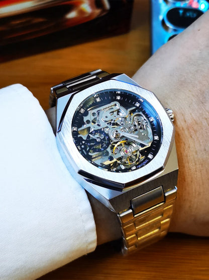 MIAMI DESIGN-Reloj Automático plateado para hombre, esfera de diamante 3D, Tourbillon Irregular, relojes de pulsera mecánicos con esqueleto, reloj con manecillas luminosas