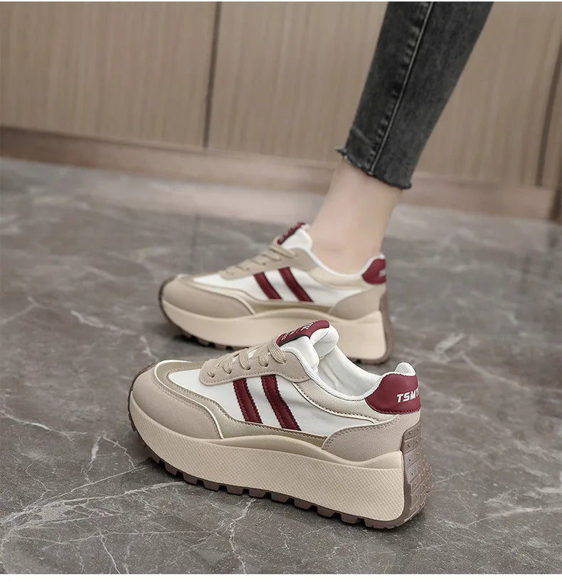 Tênis plataforma feminino primavera/verão – Sapatos casuais de couro patchwork vulcanizado