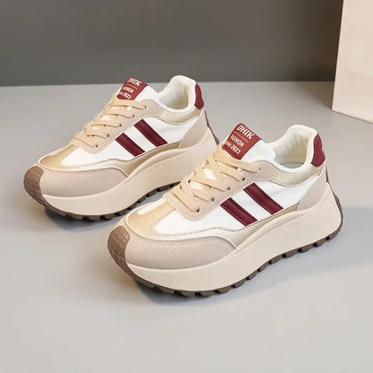 Tênis plataforma feminino primavera/verão – Sapatos casuais de couro patchwork vulcanizado