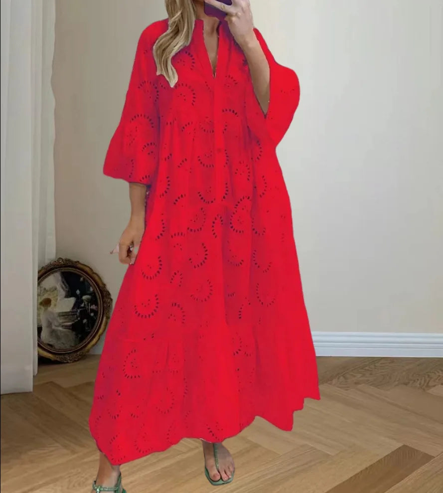 XXS-3XL Loose Fit Hollow Out Kjole til Kvinder Sommer Elegant Vintage Solid Broderi Casual V-hals Flare Sleeve Maxikjoler