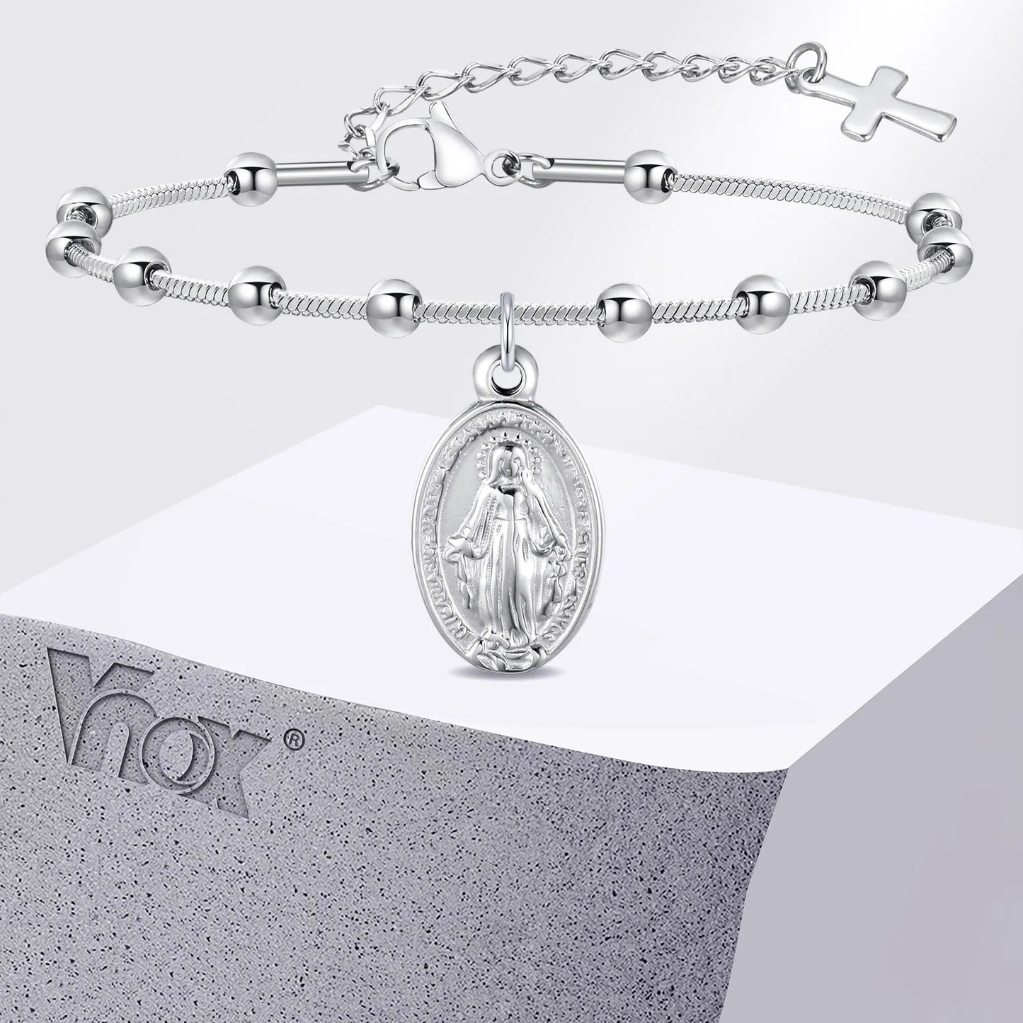 Pulseira feminina de rosário de aço inoxidável banhado a ouro - pulseira da Virgem Maria com cruz