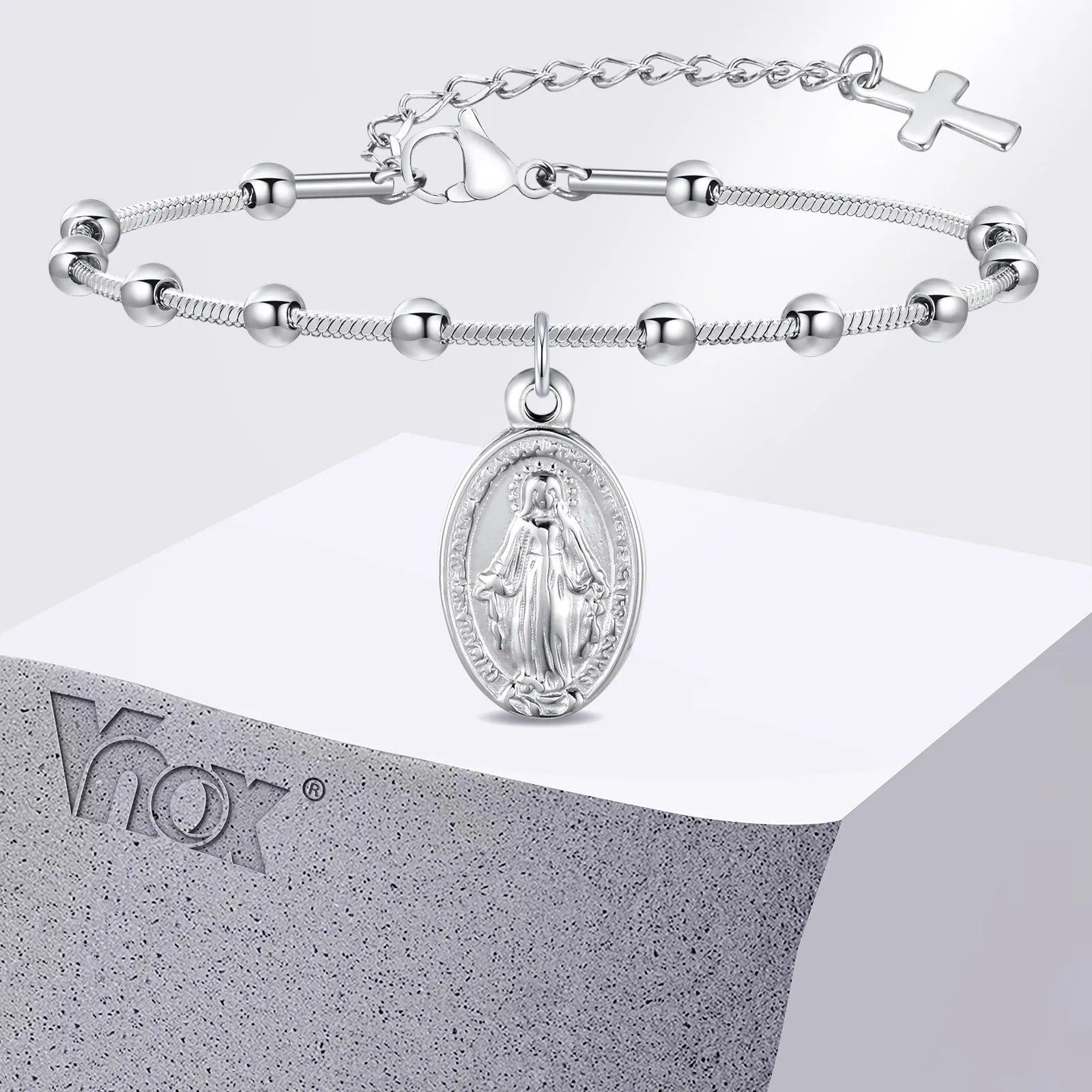 Brazalete de rosario de acero inoxidable de placa de oro para mujeres-Virgen María Pulsera de oración religiosa con cruz