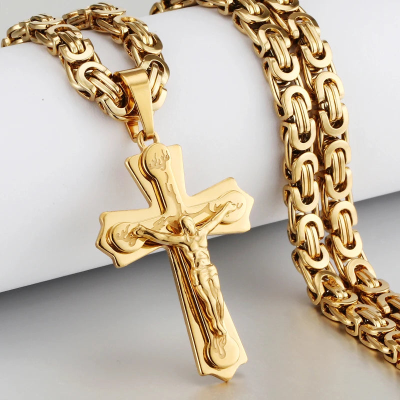 Jesus Cross Necklace  Stainless Steel Crucifix Pendant with Byzantine Chain