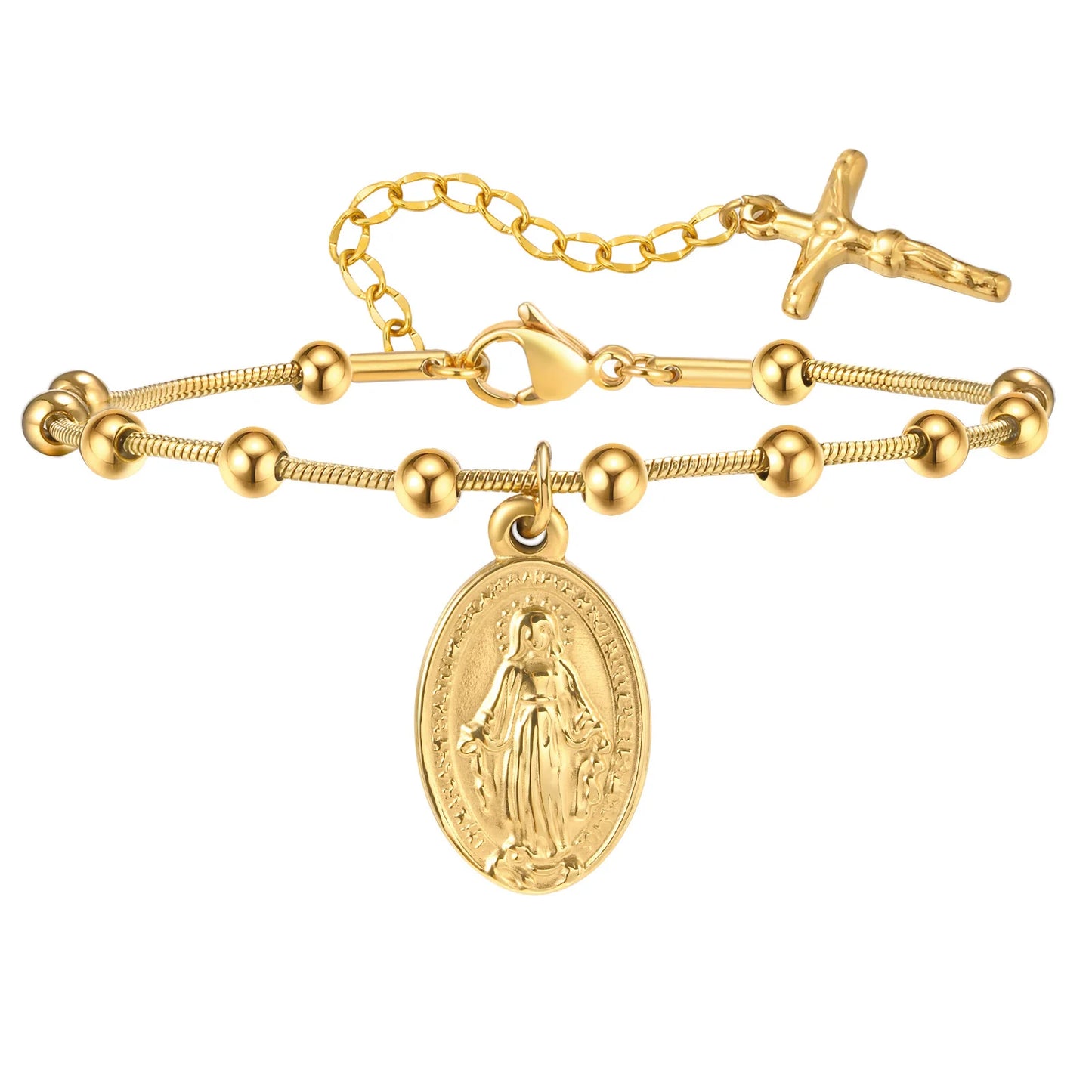 Pulseira feminina de rosário de aço inoxidável banhado a ouro - pulseira da Virgem Maria com cruz