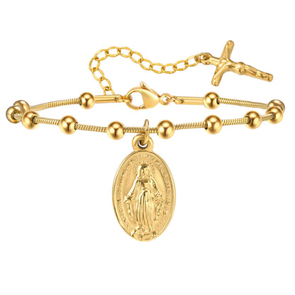 Pulseira feminina de rosário de aço inoxidável banhado a ouro - pulseira da Virgem Maria com cruz