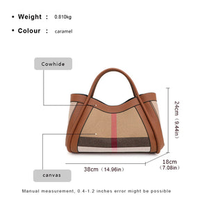 Canvas & Cowhide Leather BB Handbag – Luxury Retro Checkered Tote for Women | Large Capacity & Timeless Style