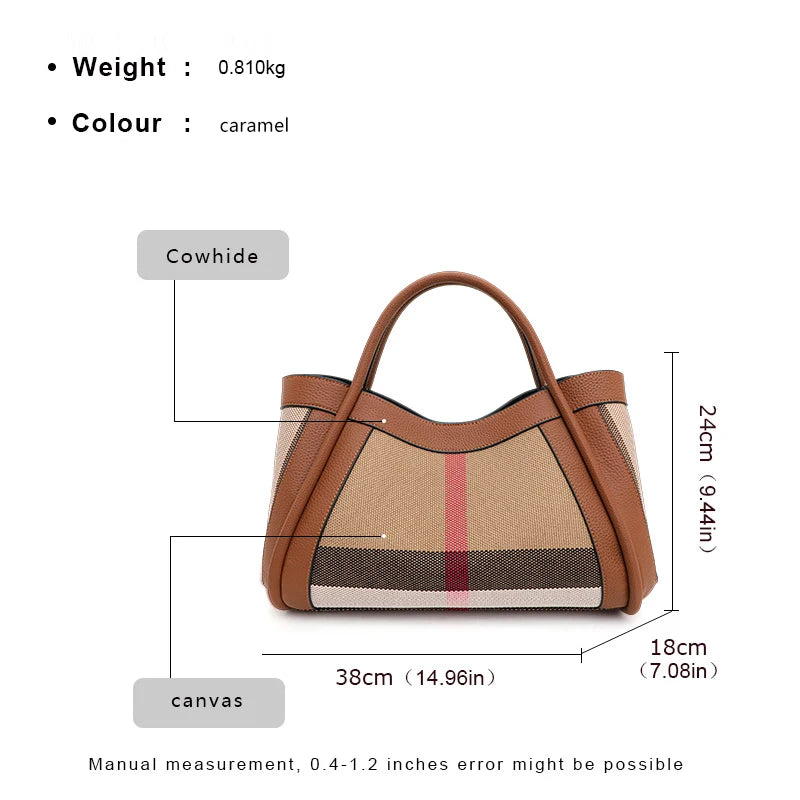 Canvas & Cowhide Leather BB Handbag – Luxury Retro Checkered Tote for Women | Large Capacity & Timeless Style