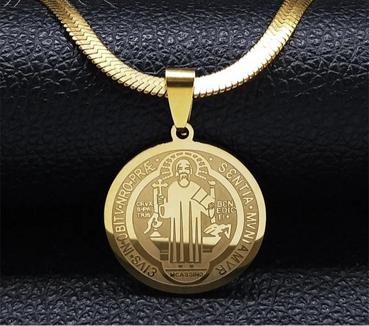 Saint Benedict Medallion Pendant Necklace -Unisex- Stainless Steel Snake Chain - Jewelry