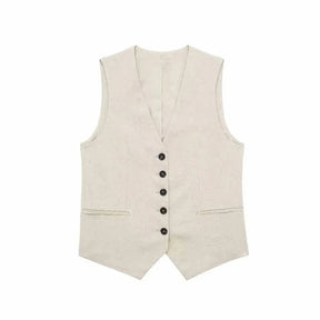 Women’s Linen Vest Shorts Set – V Neck Chic Summer Casual  Office Outfit