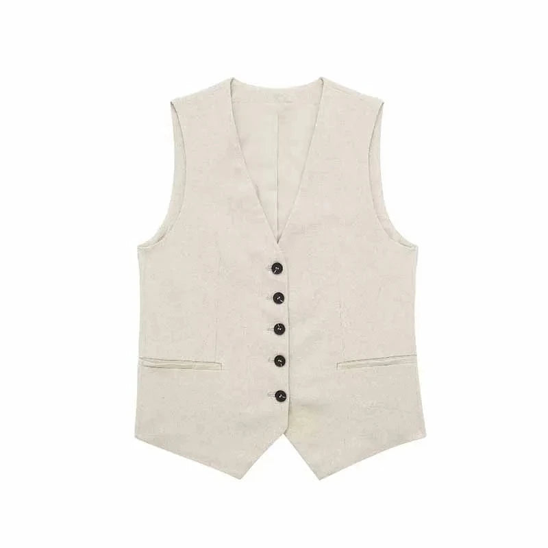Women’s Linen Vest Shorts Set – V Neck Chic Summer Casual  Office Outfit