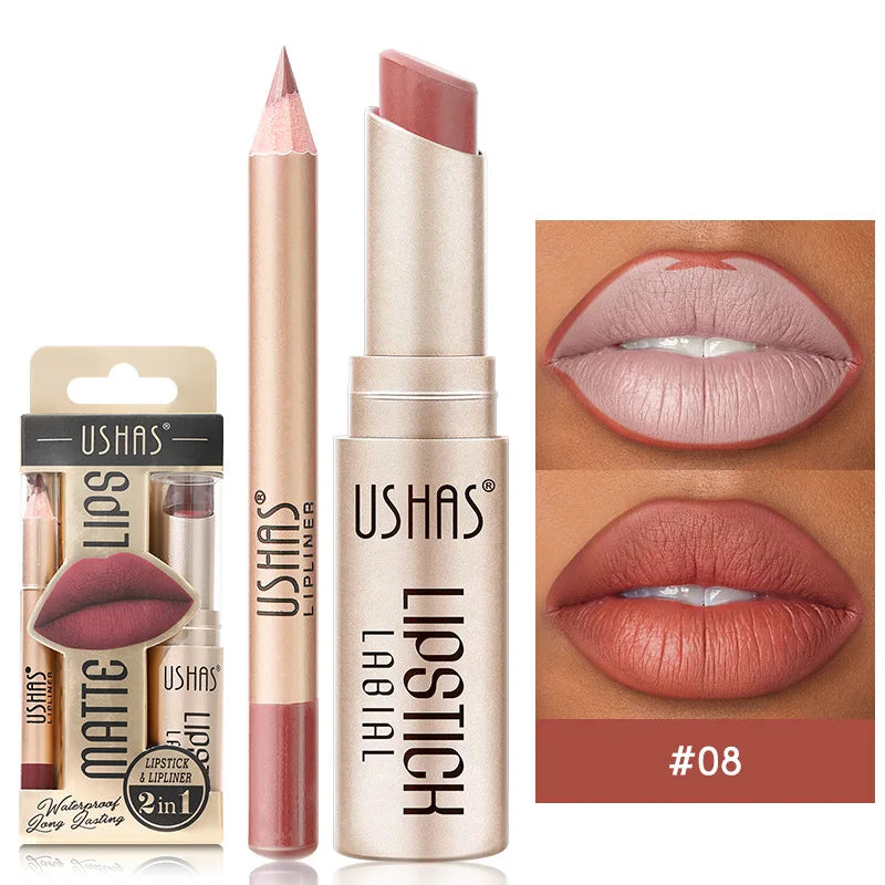 Batom Matte 2 em 1&lConjunto de Lápis Labial IP Liner com 12 Cores, Alta Pigmentação, À Prova D'Água e de Longa Duração - Maquiagem para os Lábios