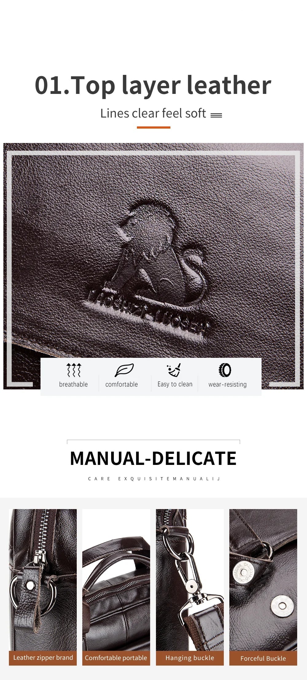 Genuine leather Unisex briefcase with double front pockets, large capacity computer bag, diagonal cross handbag  - Free Shipping to Europe