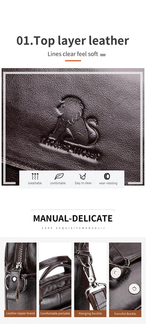 Genuine leather Unisex briefcase with double front pockets, large capacity computer bag, diagonal cross handbag  - Free Shipping to Europe