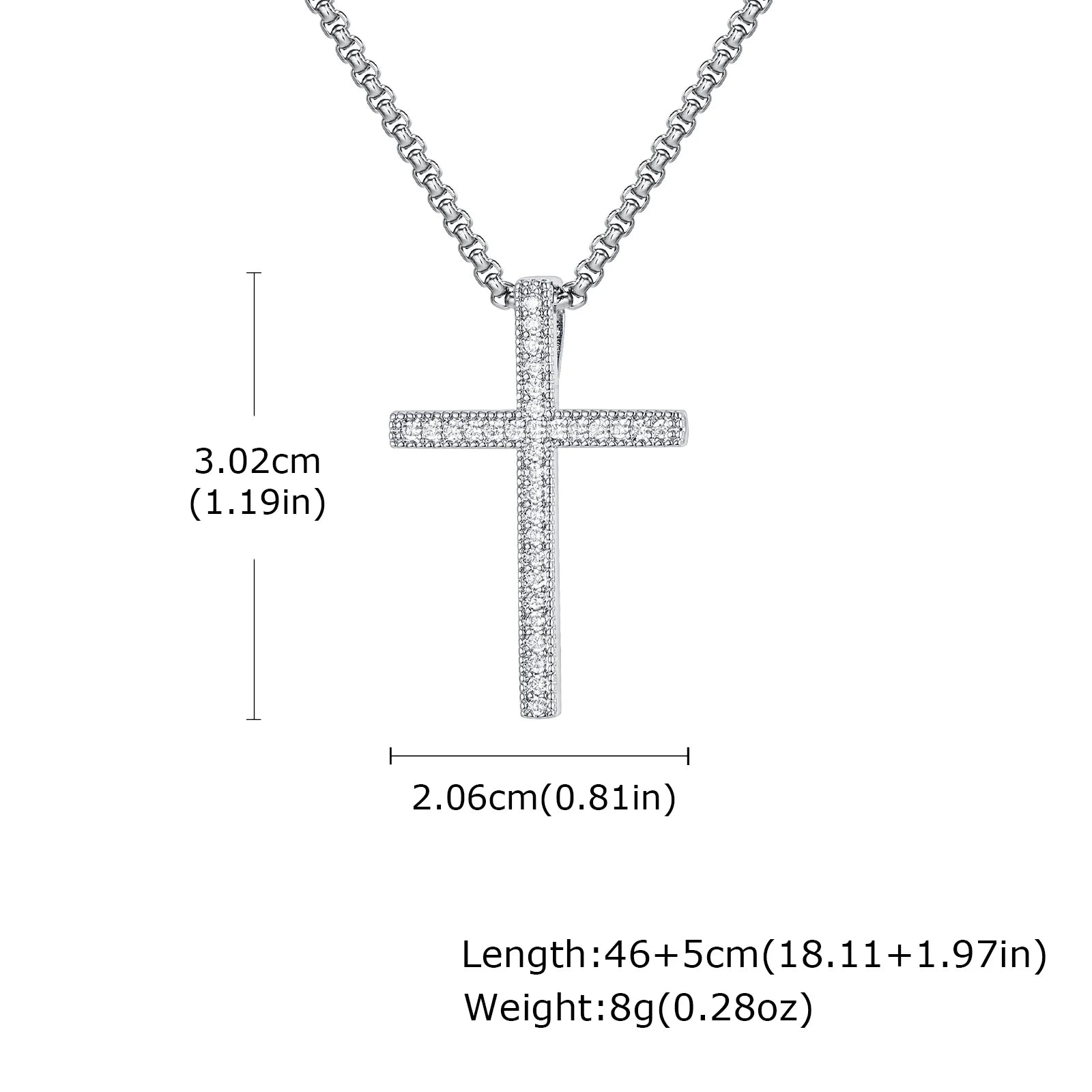 Bling Zircon Cross Pendant Necklace with Box Chain, Unisex Silver Color Simple Christ Cross Collar for Men Women