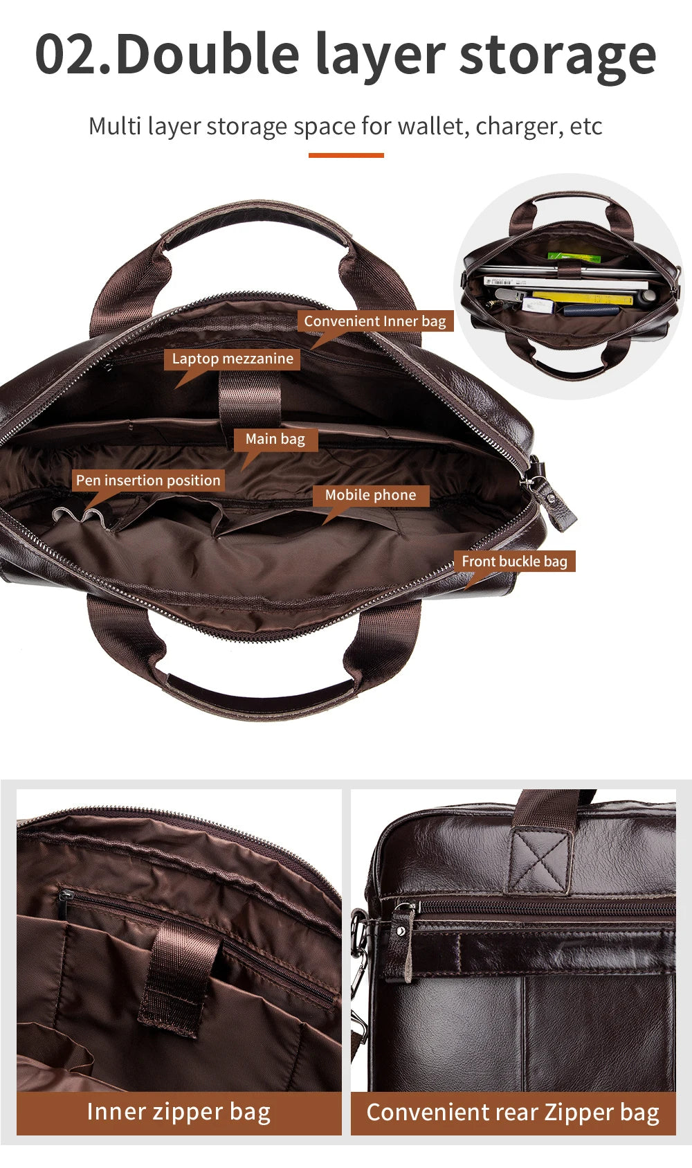 Genuine leather Unisex briefcase with double front pockets, large capacity computer bag, diagonal cross handbag  - Free Shipping to Europe