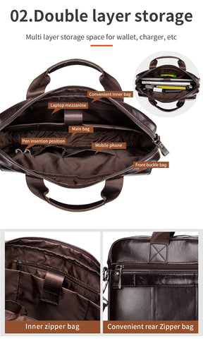Genuine leather Unisex briefcase with double front pockets, large capacity computer bag, diagonal cross handbag  - Free Shipping to Europe