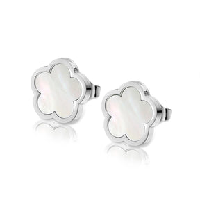 Fleur de coque blanche verte élégante de luxe - Boucles de trèfle à quatre feuilles Boucles Bracelets en acier inoxydable étanche en acier inoxydable pour femmes