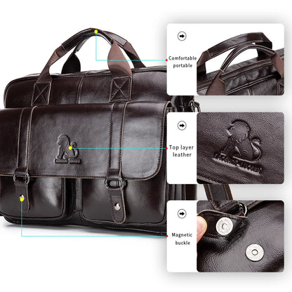 Genuine leather Unisex briefcase with double front pockets, large capacity computer bag, diagonal cross handbag  - Free Shipping to Europe