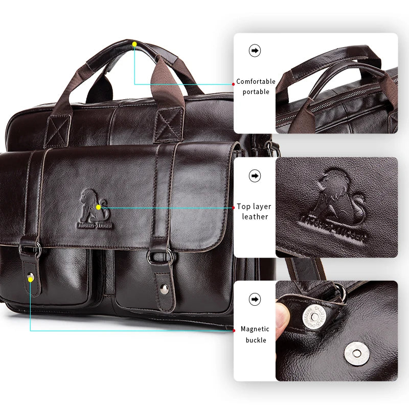 Genuine leather Unisex briefcase with double front pockets, large capacity computer bag, diagonal cross handbag  - Free Shipping to Europe