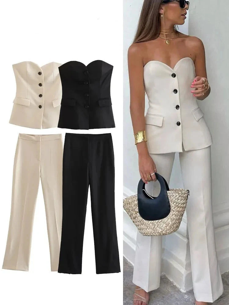 Women’s Elegant Strapless Pant Suit – Buttoned Top & Side Slit Trousers Fashion Set