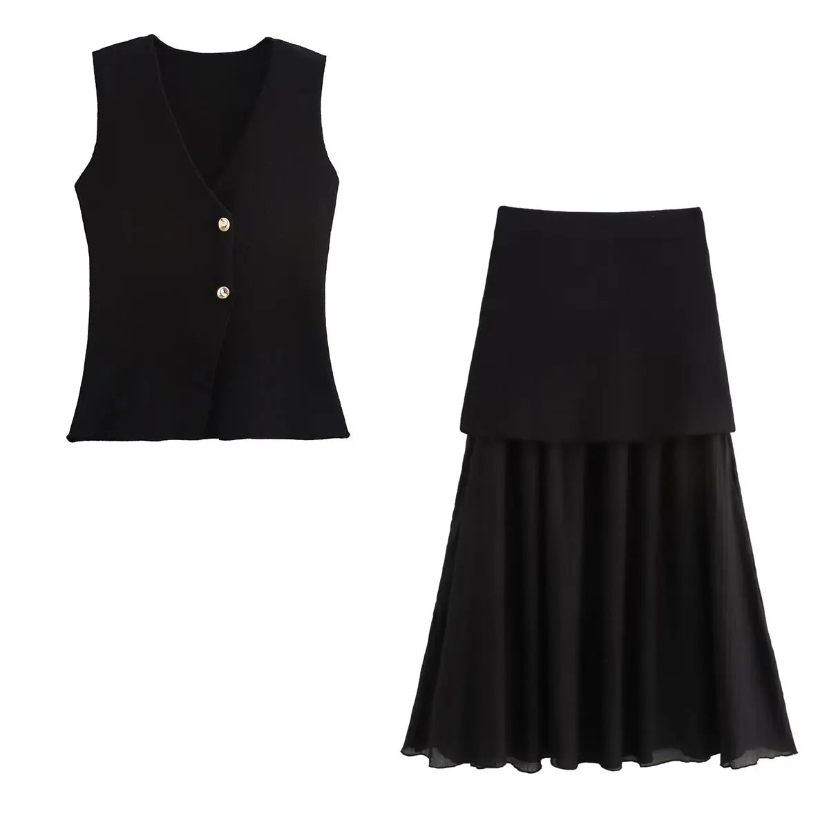 Women’s Knitted Skirt Set – V-neck Sleeveless Slim Vest & Patchwork Loose Skirt | Casual & High Street Fashion
