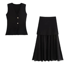 Women’s Knitted Skirt Set – V-neck Sleeveless Slim Vest & Patchwork Loose Skirt | Casual & High Street Fashion