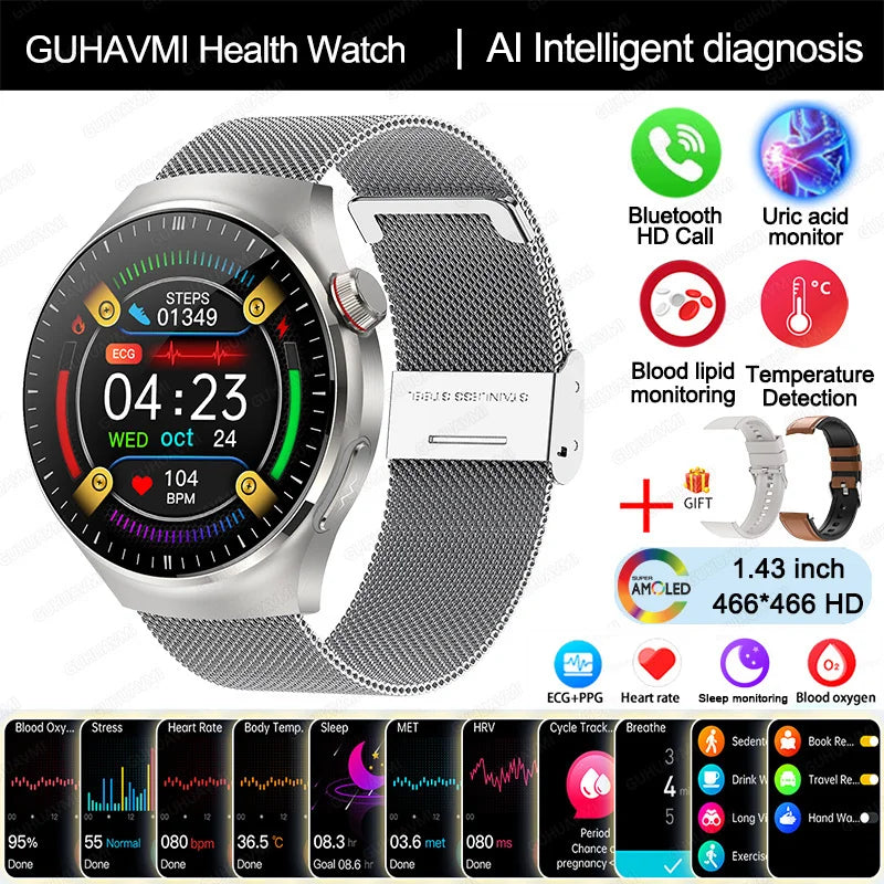 Ny omvårdnadsgrad Smart Watch Blodsyre Blod Lipid Urinsyra EKG+PPG Kroppstemperatur Bluetooth Ring Hälsa Smartwatch