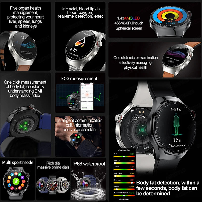 Nuovo grado infermieristico Smart Watch Blood Ossigeno sangue Lipide Acido urico ECG+Ppg Temperatura corporea Bluetooth Call Smartwatch