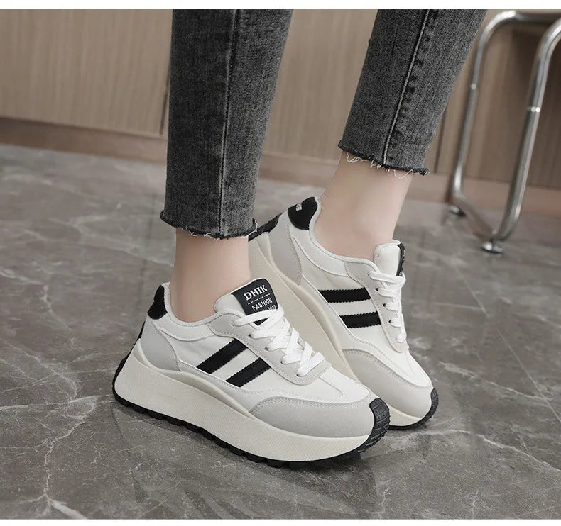 Tênis plataforma feminino primavera/verão – Sapatos casuais de couro patchwork vulcanizado