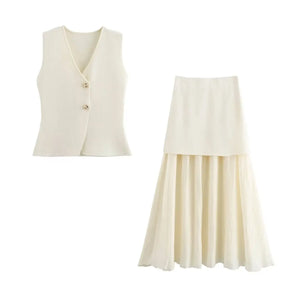 Women’s Knitted Skirt Set – V-neck Sleeveless Slim Vest & Patchwork Loose Skirt | Casual & High Street Fashion