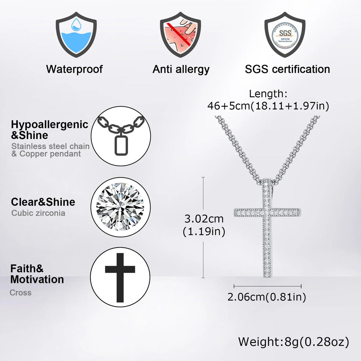 Bling Zircon Cross Pendant Necklace with Box Chain, Unisex Silver Color Simple Christ Cross Collar for Men Women