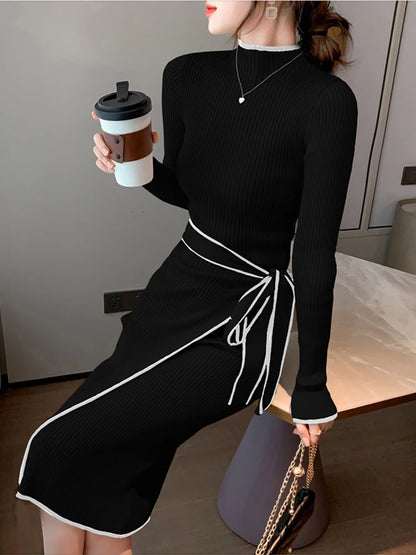 Frauen Gestrickte Kleid Neue Herbst Winter Dünne Spitze-Up Langarm Bodenbildung Pullover Rock Elegante Mode Büro Weibliche Vestidos