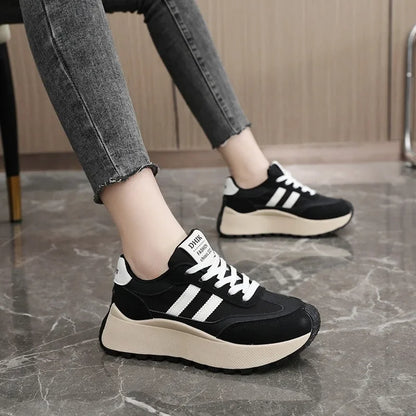 Tênis plataforma feminino primavera/verão – Sapatos casuais de couro patchwork vulcanizado