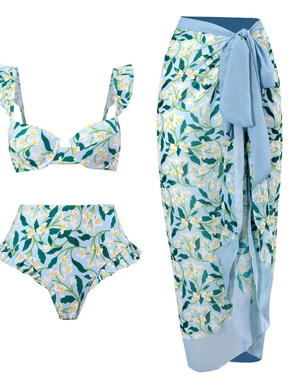 S- XL trykt bøyle badedrakt for kvinner Bikini med høy midje Dame badetøy Tredelt bikinisett Badedrakt Swim V4106