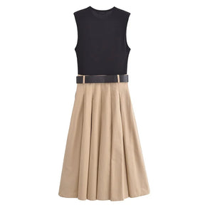 Women’s Pleated Midi Dress – Belted, Sleeveless Summer & Autumn Party Sundress