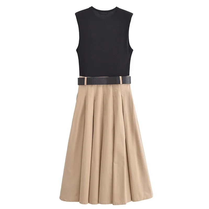 Women’s Pleated Midi Dress – Belted, Sleeveless Summer & Autumn Party Sundress