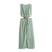 Elegant Women’s Waist Cutout Dress – O-neck, Sleeveless, Slim Fit, Split Skirt
