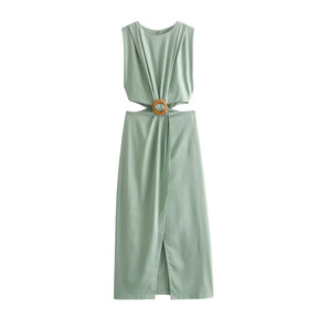 Elegant Women’s Waist Cutout Dress – O-neck, Sleeveless, Slim Fit, Split Skirt