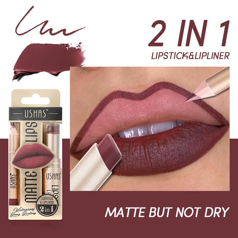 Batom Matte 2 em 1&lConjunto de Lápis Labial IP Liner com 12 Cores, Alta Pigmentação, À Prova D'Água e de Longa Duração - Maquiagem para os Lábios