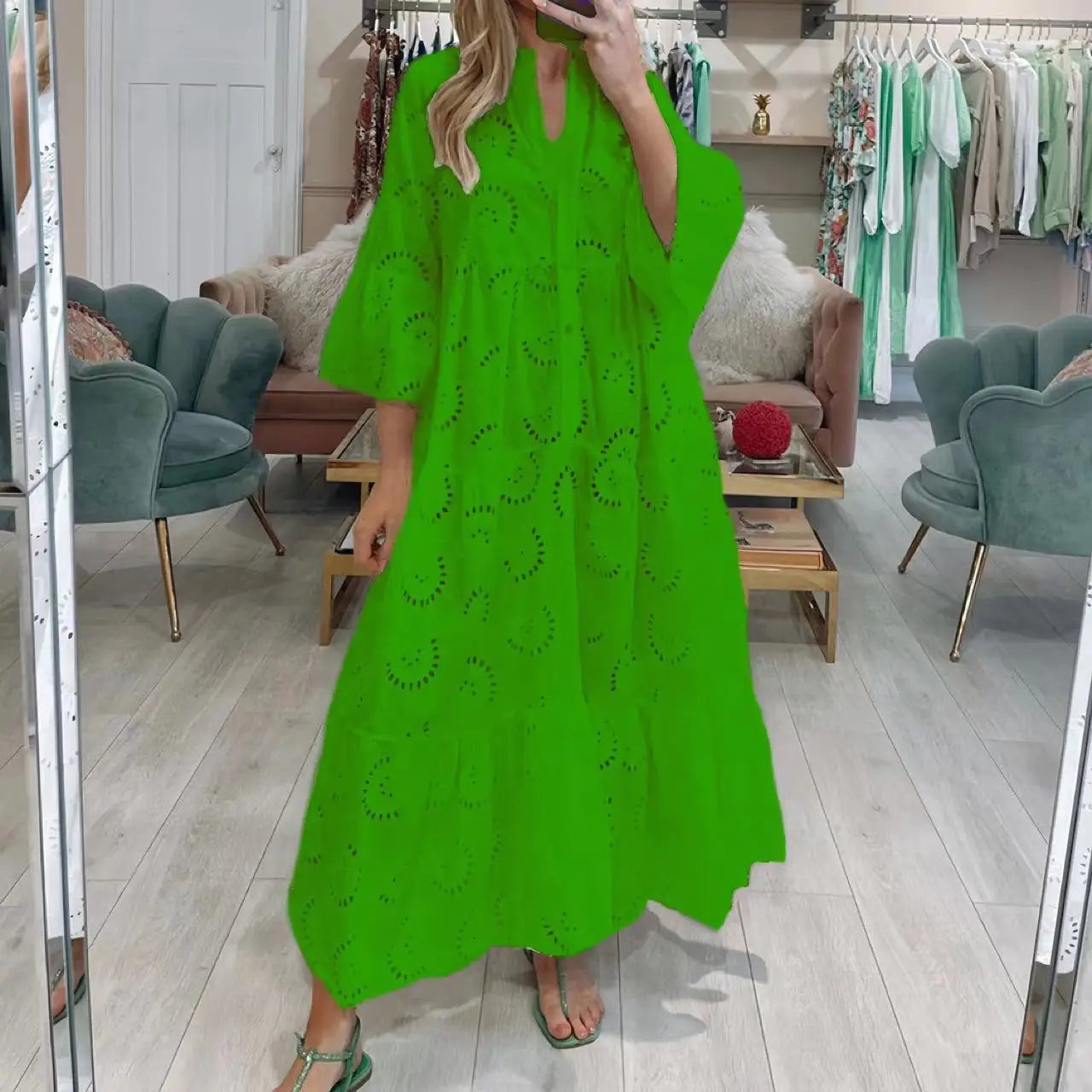 XXS-3XL Loose Fit Hollow Out Kjole til Kvinder Sommer Elegant Vintage Solid Broderi Casual V-hals Flare Sleeve Maxikjoler