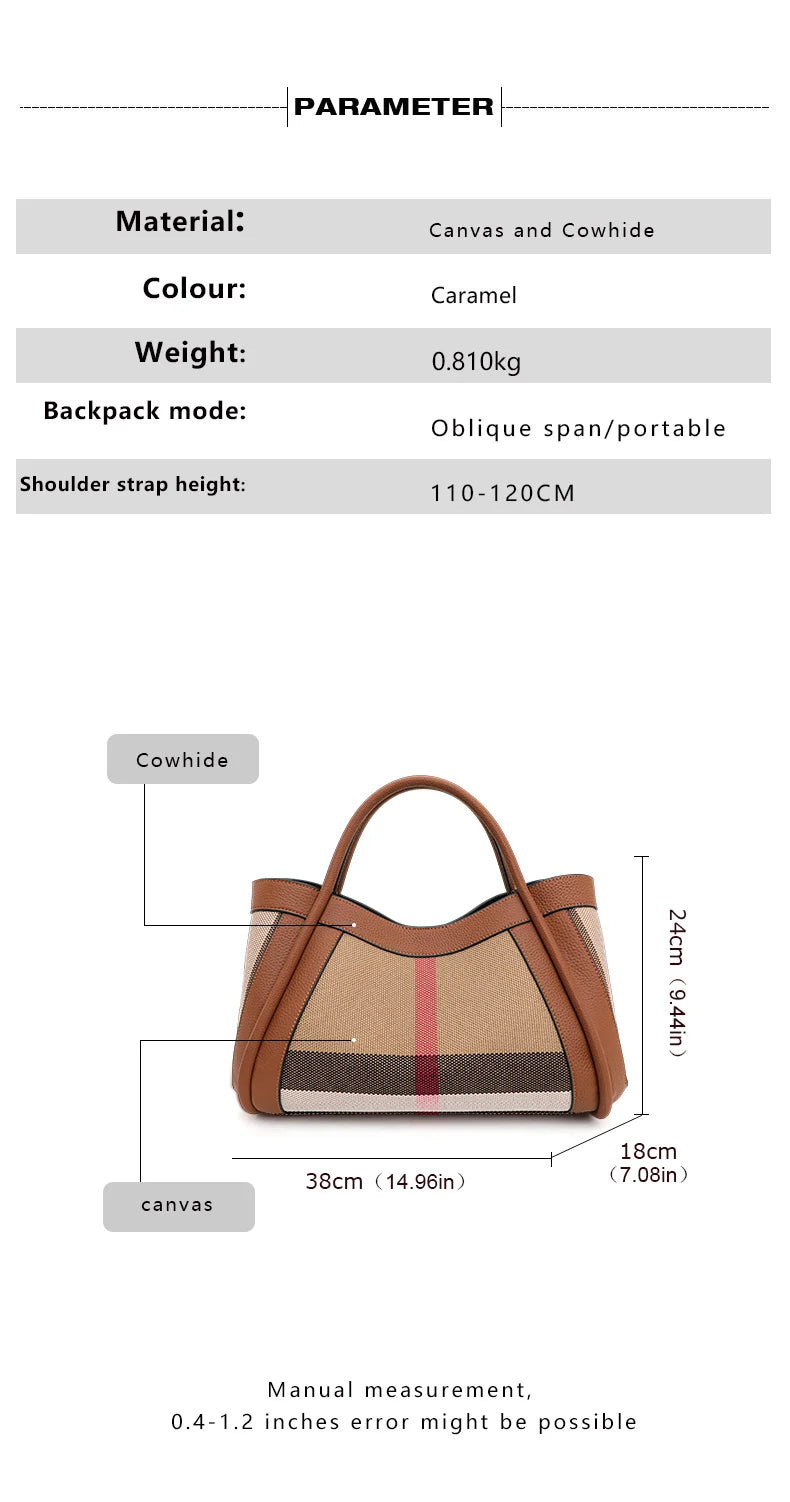 Canvas & Cowhide Leather BB Handbag – Luxury Retro Checkered Tote for Women | Large Capacity & Timeless Style