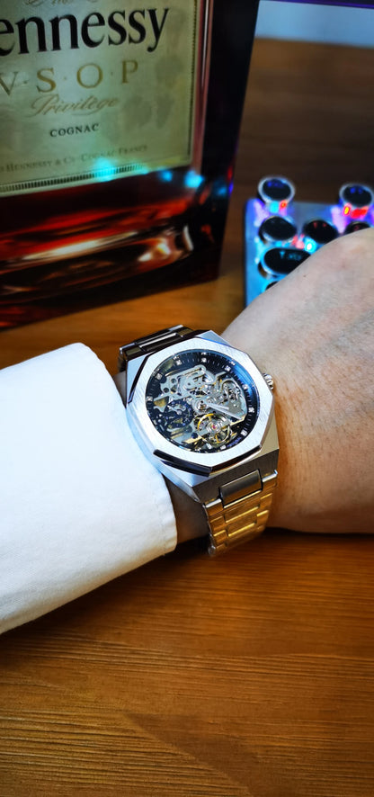MIAMI DESIGN-Reloj Automático plateado para hombre, esfera de diamante 3D, Tourbillon Irregular, relojes de pulsera mecánicos con esqueleto, reloj con manecillas luminosas