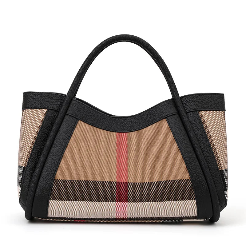 Canvas & Cowhide Leather BB Handbag – Luxury Retro Checkered Tote for Women | Large Capacity & Timeless Style