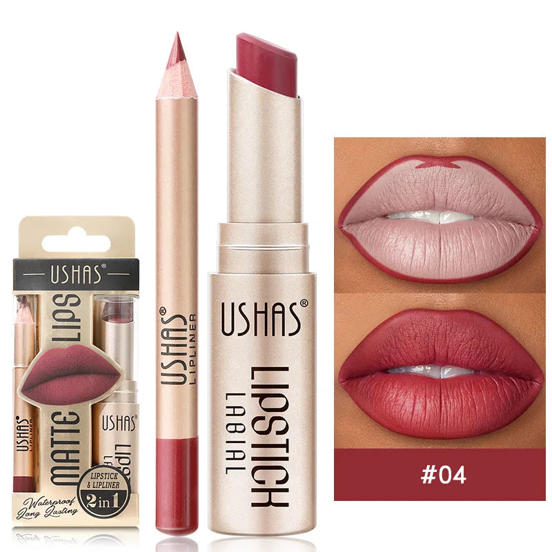 Batom Matte 2 em 1&lConjunto de Lápis Labial IP Liner com 12 Cores, Alta Pigmentação, À Prova D'Água e de Longa Duração - Maquiagem para os Lábios