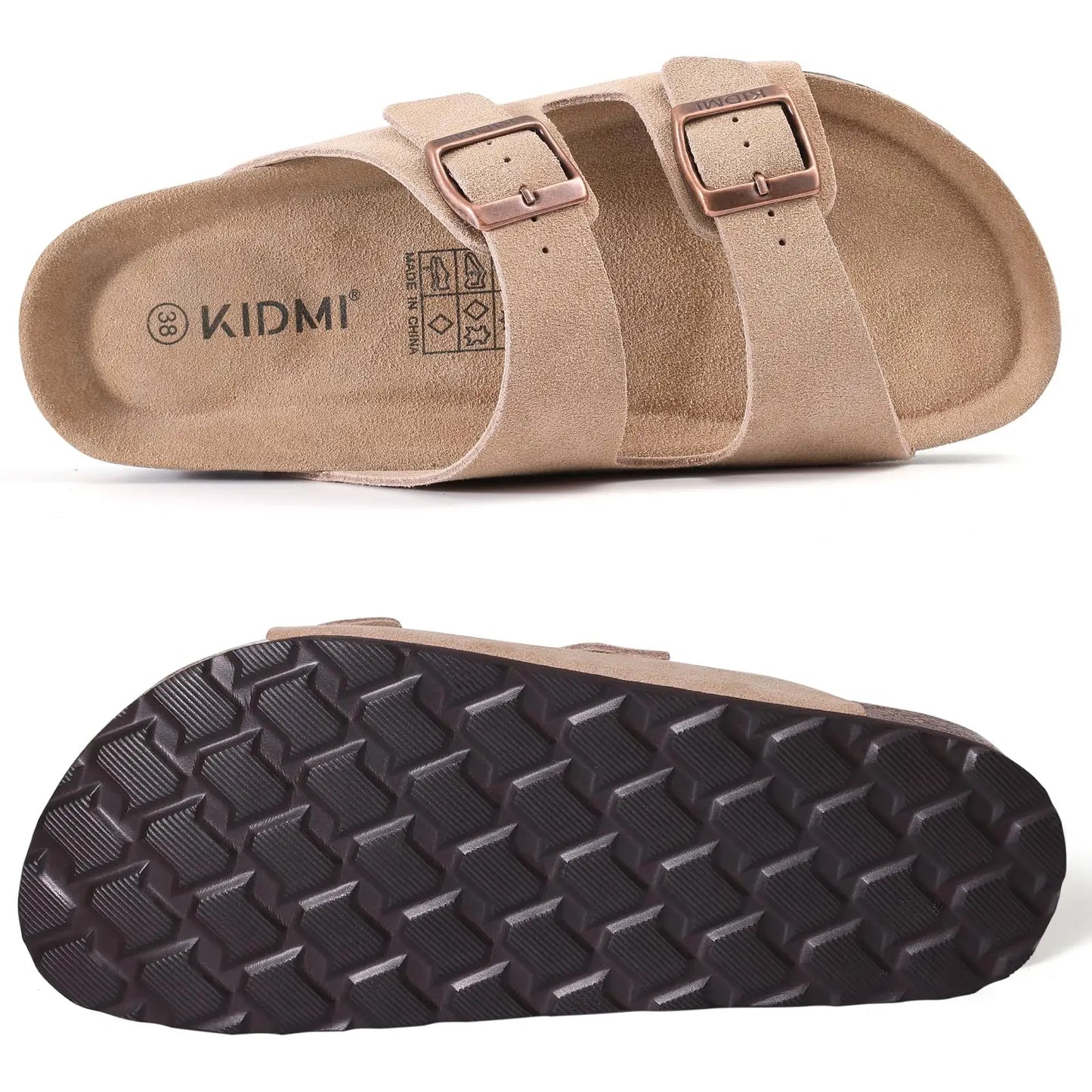 Klassiska unisex korksandaler rutschkanor i ko mocka med valvstöd Anti-halk unisex tofflor med justerbart spänne