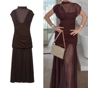 Gauze Wrinkle Splicing Long Dresses for Women Summer Backless Sexy Dress New Fashion Female Elegant Party Dresses