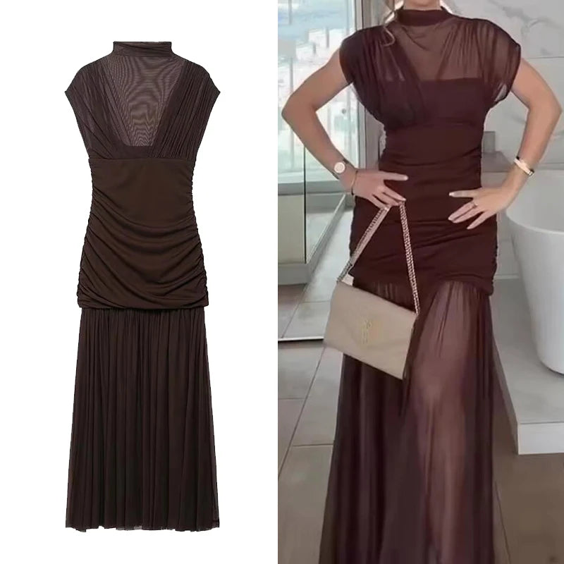 Gauze Wrinkle Splicing Long Dresses for Women Summer Backless Sexy Dress New Fashion Female Elegant Party Dresses