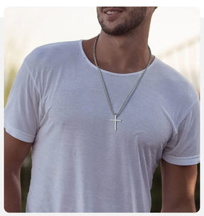 Bling Zircon Cross Pendant Necklace with Box Chain, Unisex Silver Color Simple Christ Cross Collar for Men Women